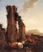 BERCHEM, Nicolaes Peasants with Cattle by a Ruined Aqueduct Spain oil painting artist